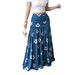Women's Retro Fresh Casual Blue Base White Floral Print Pleated Maxi Skirt Versatile_ecoleips.com