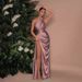 Women's Clothing Winter New Fashion Personality Slant Neck Off Shoulder Gathered Glossy Shiny Side Slit Banquet Dress_ecoleips.com