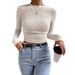 Autumn Women's Solid Knit Pleated Side Long Sleeve T-Shirt Long Sleeves Solid Slim Tees All Match Basic Tops Undershirt_ecoleips.com