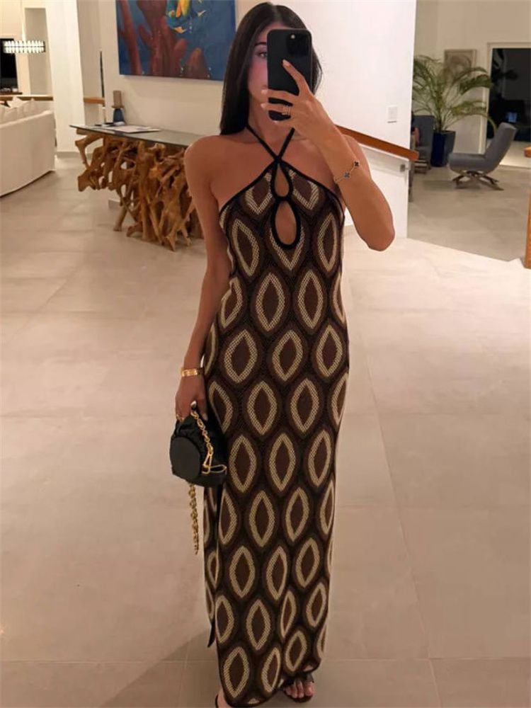 Tossy Knit Printed Hollow Out Long Dress Women Bandage Backless Contrast Beach Holiday Dress Clothes Female Boho Knitwear Dress_ecoleips.com