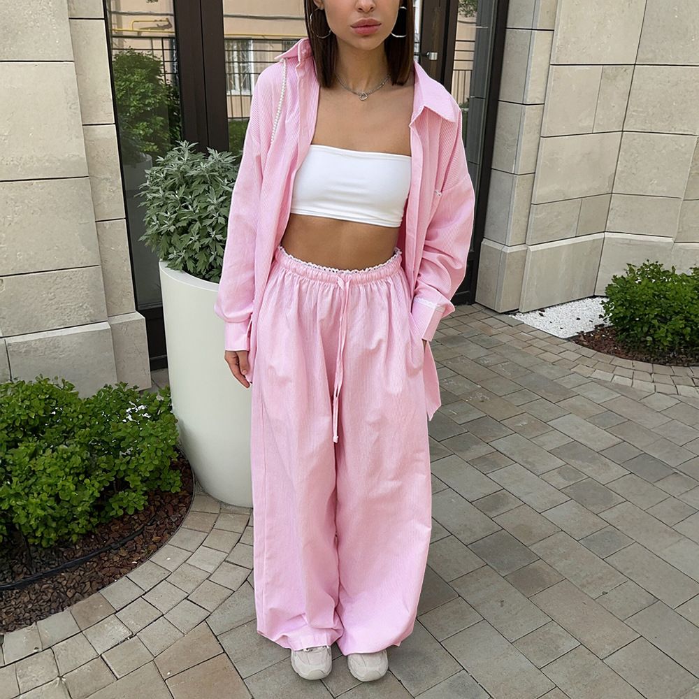 Cross-border Set, European American 2026 Spring New Women's Vertical Striped Shirt And Lace-up Pants Two-piece Set_ecoleips.com
