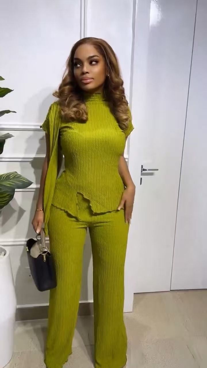Women's Autumn Fashionable Casual Solid Color Two Piece Set Irregular Pants Polyester Spring/Summer Regular Thickness_ecoleips.com