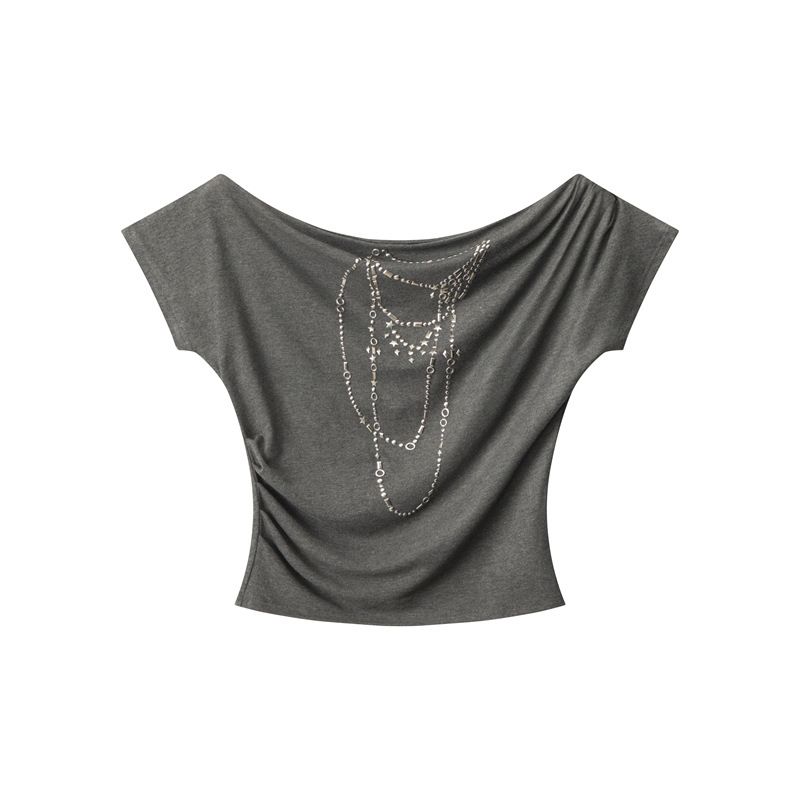 Women's Off-Shoulder Crop Top Short Sleeve Chic Slanted Neckline Summer Casual Tee for Fashion Lovers_ecoleips.com