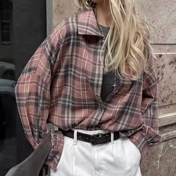 Autumn/Winter Pink Checkered Long-Sleeve Shirt: A Stylish, Niche, And Versatile Commute Jacket With Feminine Charm_ecoleips.com
