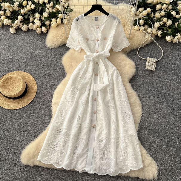 Women's Clothing Summer Retro Heavy Hollow Embroidery Round Neck Waist Short Sleeve Dress Women's Slim Single Breasted Long Skirt_ecoleips.com