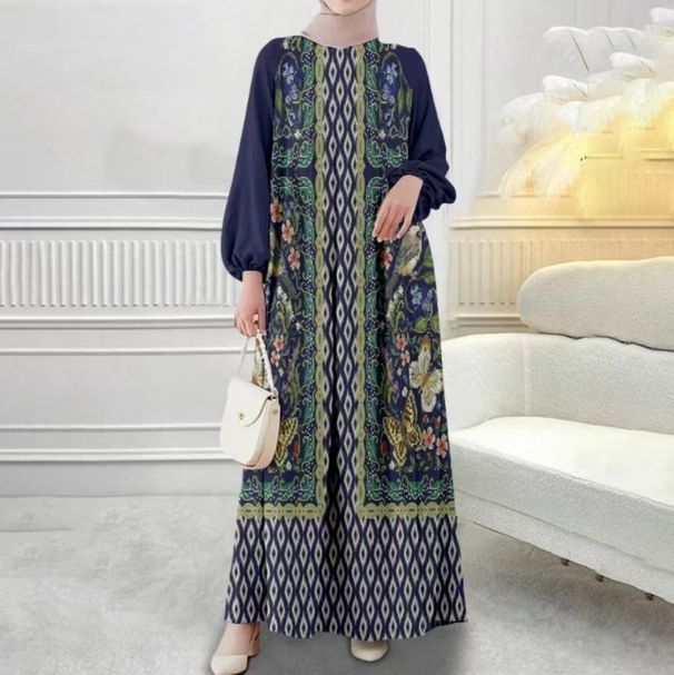 Women's Clothing Modest Abaya Dress Fashionable Casual Loose Modest Floral Print Kaftan Dress – Loose Fit Long Sleeve Abaya (Navy, Beige, S-XXL)_ecoleips.com