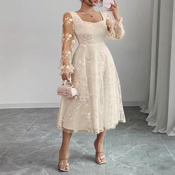 Elegant Plus Size Women's Dress, Solid Color Sexy Evening Gown, Square Neck Long Sleeve Formal Dress For Spring & Fall_ecoleips.com