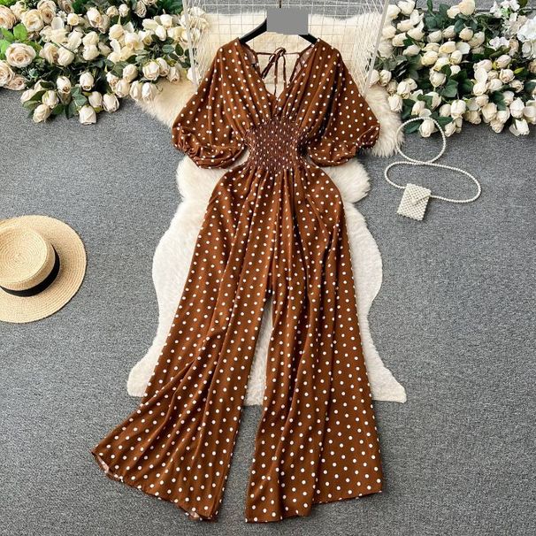 Chic Vacation Jumpsuit For Women – Puff Sleeves, Stretchy Waist & Slimming Wide Leg Pants_ecoleips.com