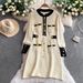 Elegant French-Inspired Fringe Round Neck Long Sleeve Dress With Metallic Buttons & Waist Accent – Flattering A-Line Midi Dress For Women_ecoleips.com