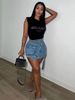 Women's High-Slit Asymmetric Denim Mini Skirt Raw Hem Side Pockets Stretch Fit Light/Deep Blue S-2XL_ecoleips.com