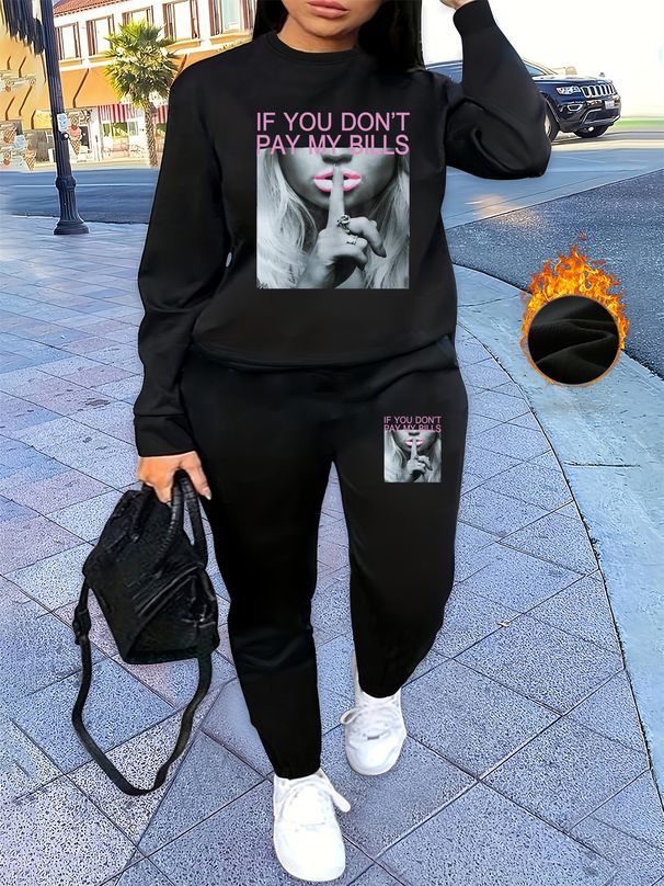 Women's Autumn And Winter Hip-hop Casual Street Letter Pattern Printed Round Neck Sports Shirt+sports Pants Set-584_ecoleips.com