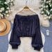 Women's Clothing Women's Off-Shoulder Long Sleeve Blouse Trendy Stylish Top With Tie Waist Lace Trim Cropped Design For Autumn_ecoleips.com