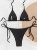 Black Ribbed Triangle String Bikini Set Women Halter Tie Side High Cut Thong Bikini 2 Piece Summer Beach Swimwear_ecoleips.com