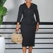 Elegant V-Neck Belted Knee-Length Dress for Women Stretchy Polyester Blend Office Chic S-XXXL_ecoleips.com