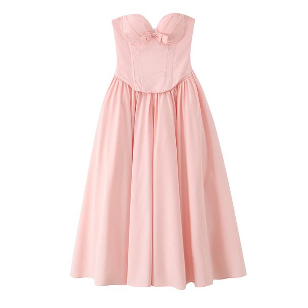 French Sweet Atmosphere Bowknot Decorated Strapless Fishbone Underwire Waist-Cinching Camisole Solid Color European And_ecoleips.com
