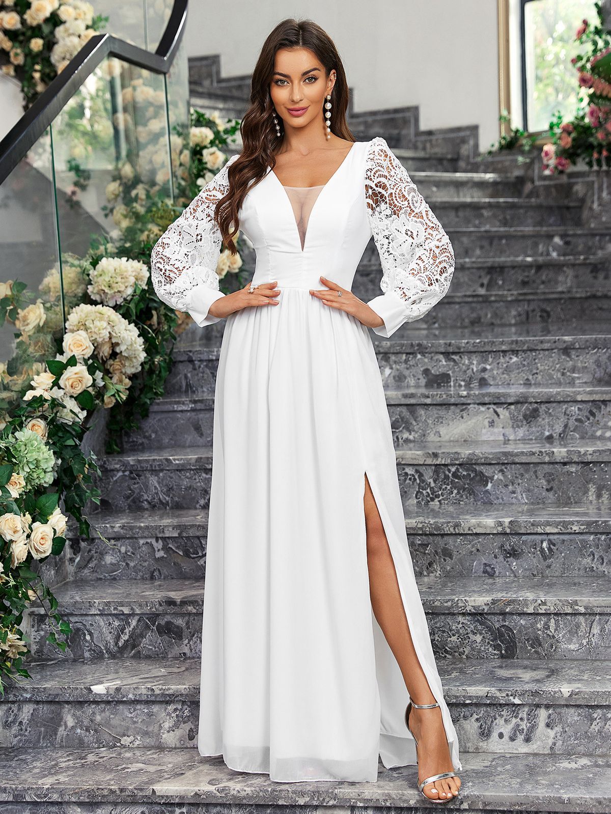 Women's Clothing Elegant V Neck Backless Long Sleeved Slit Slim Fit Ladies Solid Color Dress_ecoleips.com
