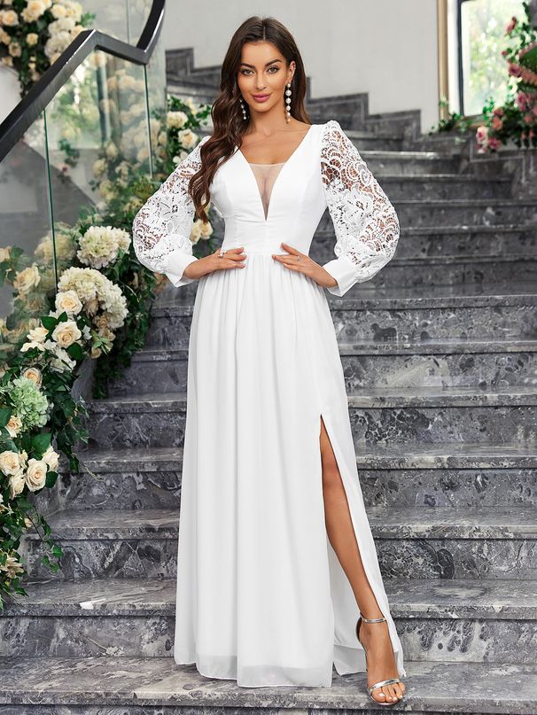 Women's Clothing Elegant V Neck Backless Long Sleeved Slit Slim Fit Ladies Solid Color Dress_ecoleips.com