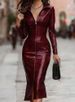 Fashionable Professional Commuter Glossy Crocodile Pattern Zipper Midi Skirt Women's Clothing Dress_ecoleips.com