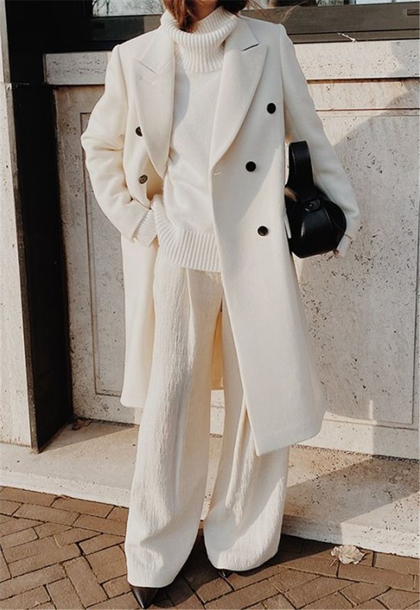 2024 Autumn Winter New Foreign Trade Women's Long Sleeve Turn-Down Collar Solid Color Double-Breasted Slim Coat_ecoleips.com