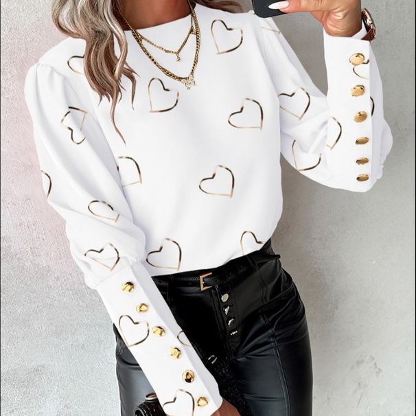 Women's Clothing hot style autumn and winter fashion printed long sleeved round neck button down shirt for women_ecoleips.com
