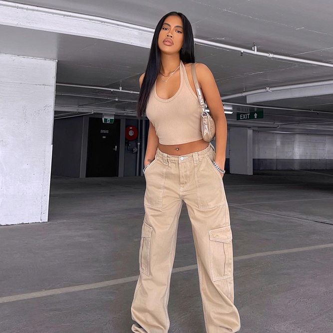 Women's Clothing Street Fashion Multi Pocket Workwear Straight Trousers High Waist Slimming Loose Khaki Jeans For Women_ecoleips.com