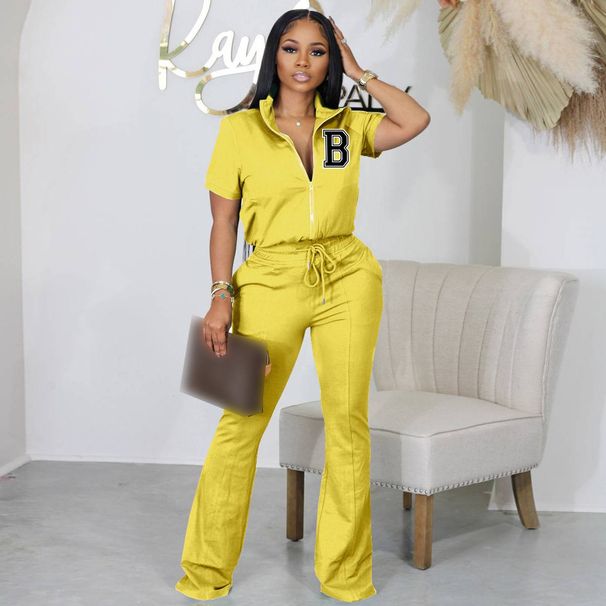 Short-sleeved Zip-up Top And Flared Pants Two-piece Suit_ecoleips.com