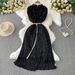 Women's Clothing Temperament Heavy Pearl Wood Ear Round Neck Dress Waist Slim Pleated Long Skirt_ecoleips.com