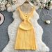 Women's Clothing Sexy Square Neck Knitted Suspender Dress Elastic Waist Slim Pleated Mid Length Skirt_ecoleips.com