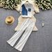 Women's Clothing Denim Stitching Retro Distressed Irregular Suit Polo Collar Shirt High Waist Wide Leg Slim Trousers_ecoleips.com