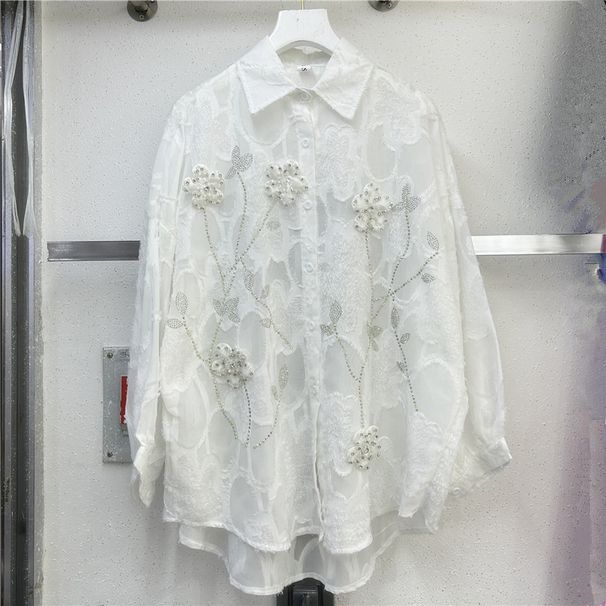 Women's Slimming Chiffon Blouse Long Sleeved Shirt Embroidered Rhinestone Embellishments Floral French Style Top For Early Autumn Versatile Look_ecoleips.com