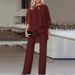 Women's Asymmetrical Wide-Leg Jumpsuit Set, Chic Solid Color Flowy Chiffon Two-Piece Outfit With 3/4 Sleeves_ecoleips.com