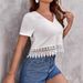 Elegant V-Neck Short Sleeve T-Shirt Top for Women Lace Trim Breathable Knit Blouse Hollow out Detail Summer Vacation Wear_ecoleips.com