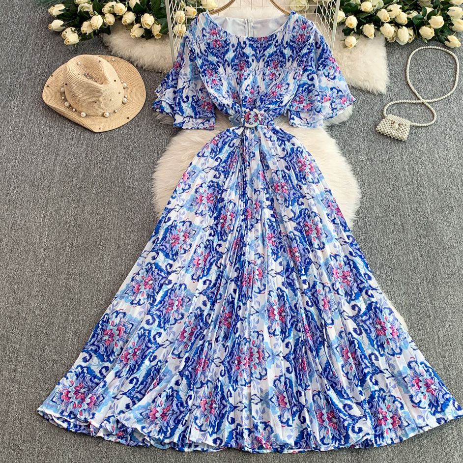 Women's Clothing Print Double Layer Trumpet Sleeve Dress For Women In Summer With Slim Waist And Pleated Long Skirt_ecoleips.com