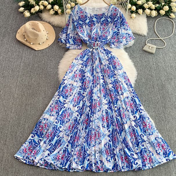 Women's Clothing Print Double Layer Trumpet Sleeve Dress For Women In Summer With Slim Waist And Pleated Long Skirt_ecoleips.com