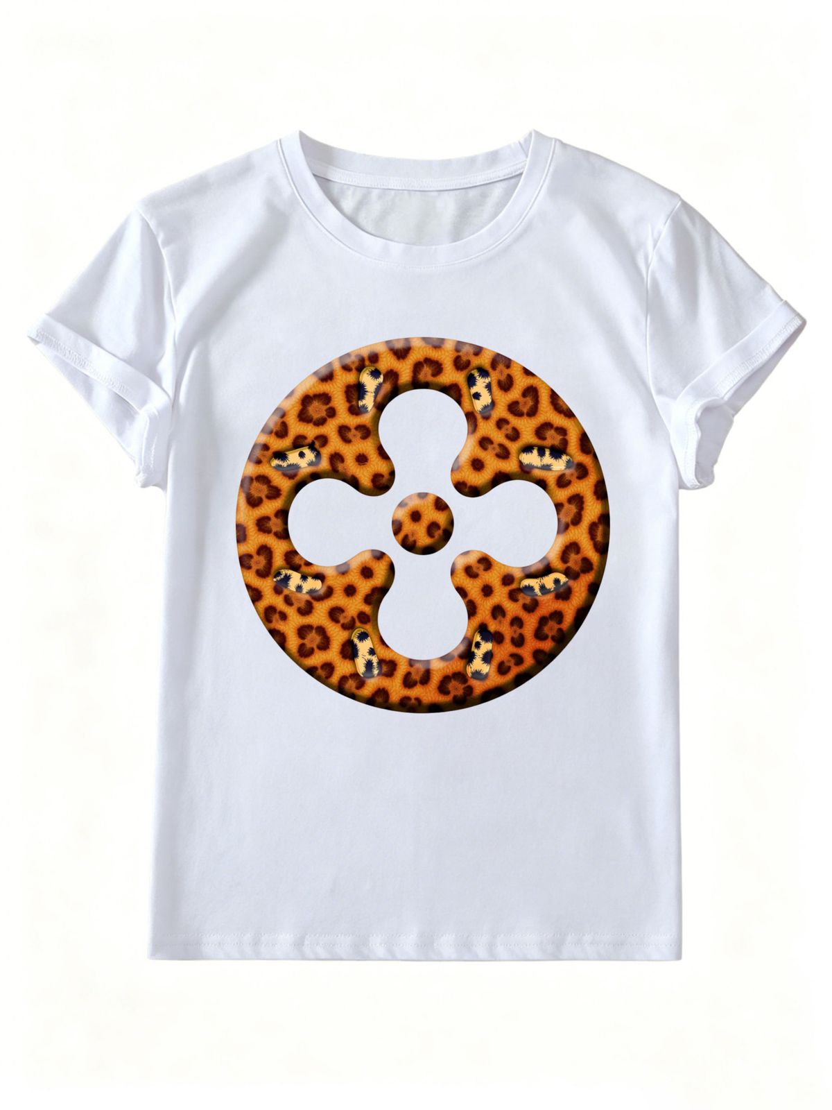 Women Crew Neck Short Sleeve T-Shirt, Leopard Print Circular Clover Graphic Loose Fit Casual Summer Basic Tee Tops_ecoleips.com