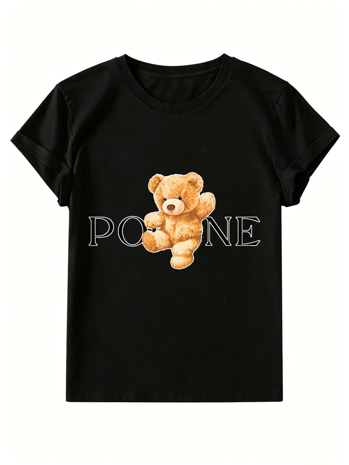 Women Crew Neck Short Sleeve T-Shirt, Cute Cartoon Teddy Bear Split Letter Graphic Loose Fit Casual Summer Basic Tee Tops_ecoleips.com