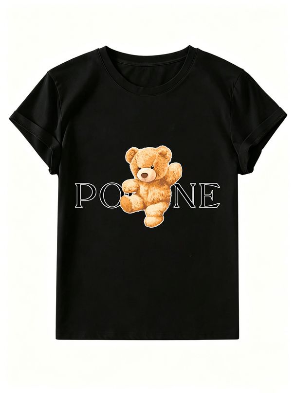 Women Crew Neck Short Sleeve T-Shirt, Cute Cartoon Teddy Bear Split Letter Graphic Loose Fit Casual Summer Basic Tee Tops_ecoleips.com