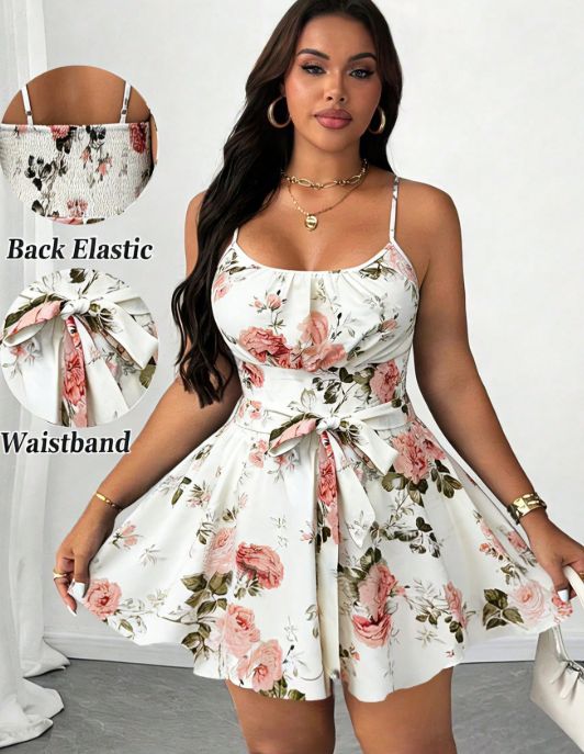 Curvy Women Heart Print 2 Piece Outfit, Cami Top & Shirred Back Belt Tie Bow A-Line Skirt Set For Beach Party Music Festival Spring Summer_ecoleips.com
