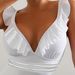 Women White Ruffle V Neck One Piece Swimsuit Ruched Waist Tummy Control High Cut Cheeky Slim Beach Bathing Suit_ecoleips.com