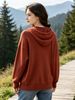 Rust Red Zip Up Drawstring Hood Pit Rib Knit Cardigan, Loose Lightweight Breathable Soft Skin-touch Long Sleeve Pocket Sweater_ecoleips.com