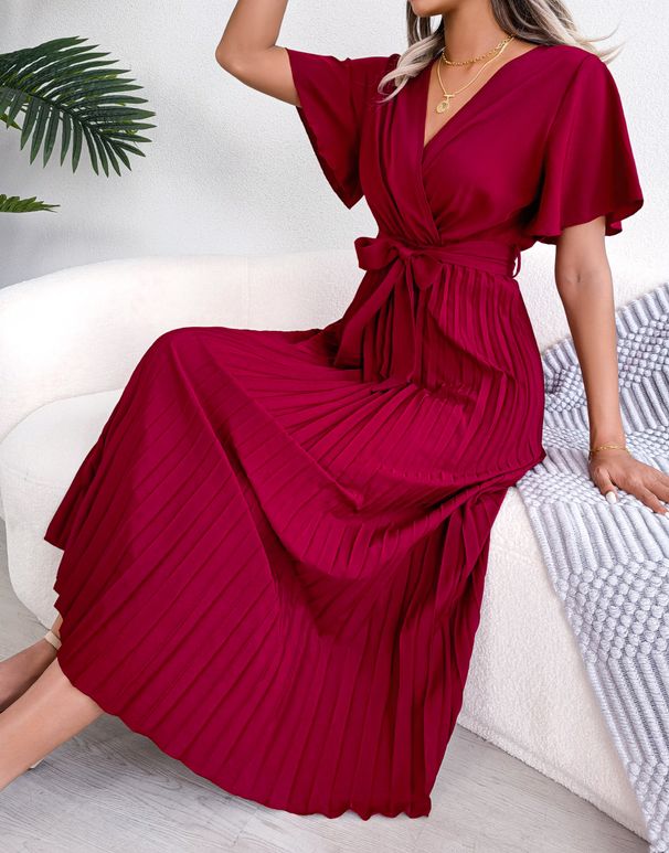 Ins Hot-Selling Real Shot European And American Spring Summer Elegant Cross V-Neck Flared Pleated Long Skirt_ecoleips.com