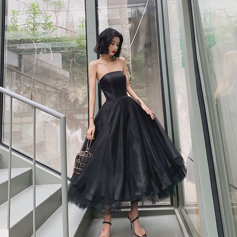 Banquet Evening Dress Women 2025 New Temperament Slim Fluffy Skirt Black Long Birthday Party Tube Top Small Dress_ecoleips.com