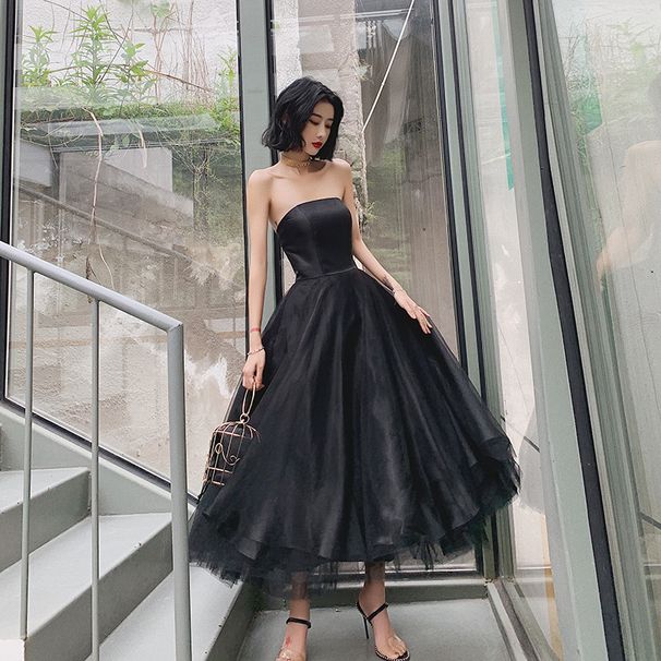 Banquet Evening Dress Women 2025 New Temperament Slim Fluffy Skirt Black Long Birthday Party Tube Top Small Dress_ecoleips.com