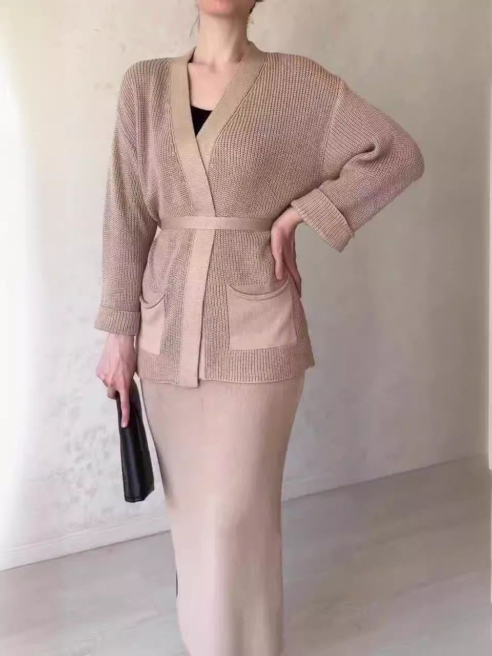Women's Knit Cardigan & Skirt Set – Long Sleeve Tie-Waist Duster Coat & Midi Dress Outfit (12 Colors, S-XXXL)_ecoleips.com