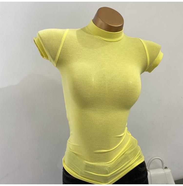 High Neck Short Sleeve T-Shirt for Women Flattering Slim Fit Stretchy Slightly Sheer Solid Color Top for Layering 2021 Style_ecoleips.com