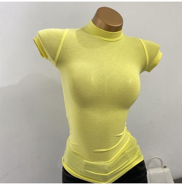 High Neck Short Sleeve T-Shirt for Women Flattering Slim Fit Stretchy Slightly Sheer Solid Color Top for Layering 2021 Style_ecoleips.com