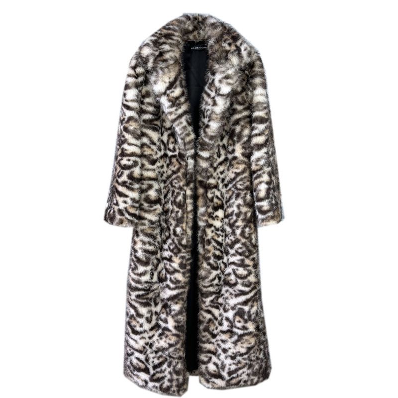 K Thick Leopard Print Fur Coat For Women, Faux Fur, Elongated Suit Collar Coat_ecoleips.com
