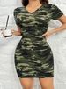 Women's Clothing New Fashion Casual Camouflage Print Short Sleeved V Neck Slim Dress_ecoleips.com