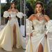 Wedding Dress With Small Train, Slim Waist And Hips, Body Hugging Satin Two Piece Set, Detachable Puff Sleeves, Tube Top Wedding Dress_ecoleips.com