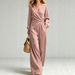 Women's Fashion V Neck Top And Wide Leg Pants Set Solid Color Long Sleeve Autumn Winter Outfit European American Style_ecoleips.com